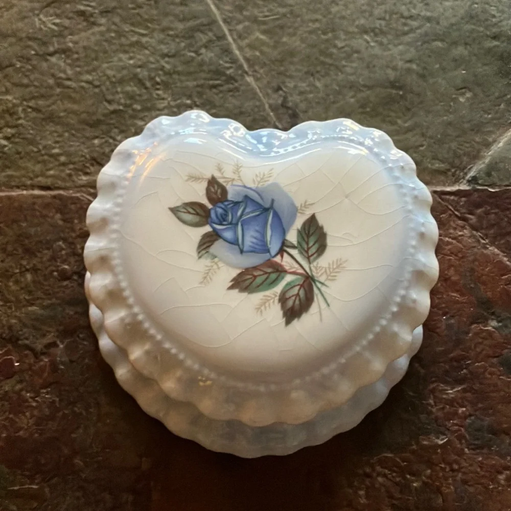 Heart-Shaped Porcelain Trinket Box with Blue Rose and Ruffle Accents -‎ Vintage